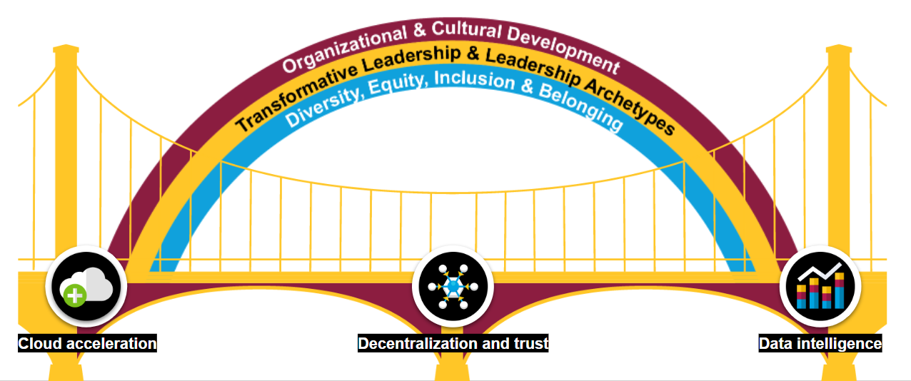 An image of a rainbow, with each streak of color labeled with T4's 3 main leadership lenses: 1) Organizational and cultural development, 2) Transformative leadership & leadership archetypes, and 3) diversity, equity, inclusion and belonging (D.E.I.B).