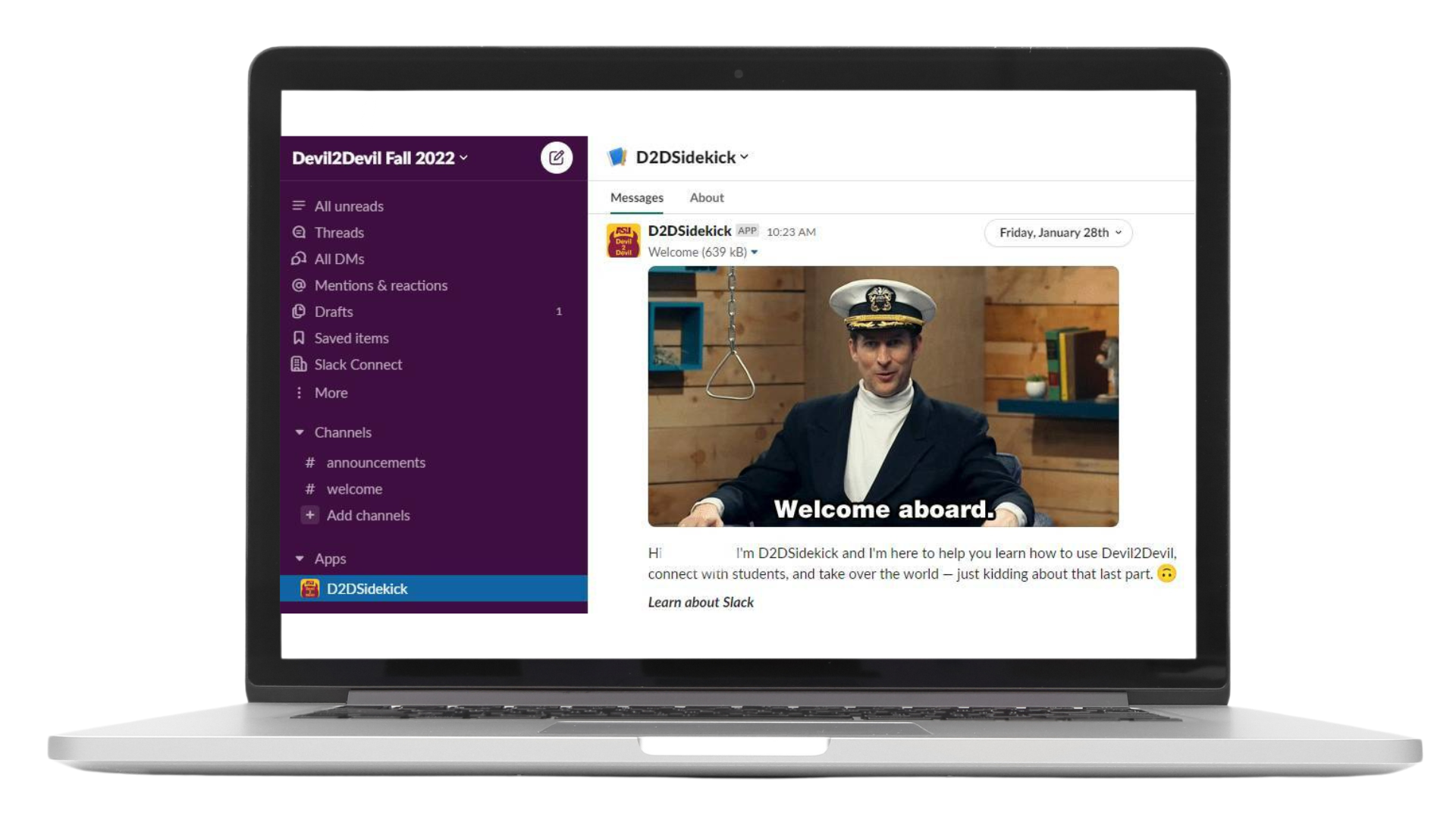 Devil2Devil Slack Welcome channel automatically greets students