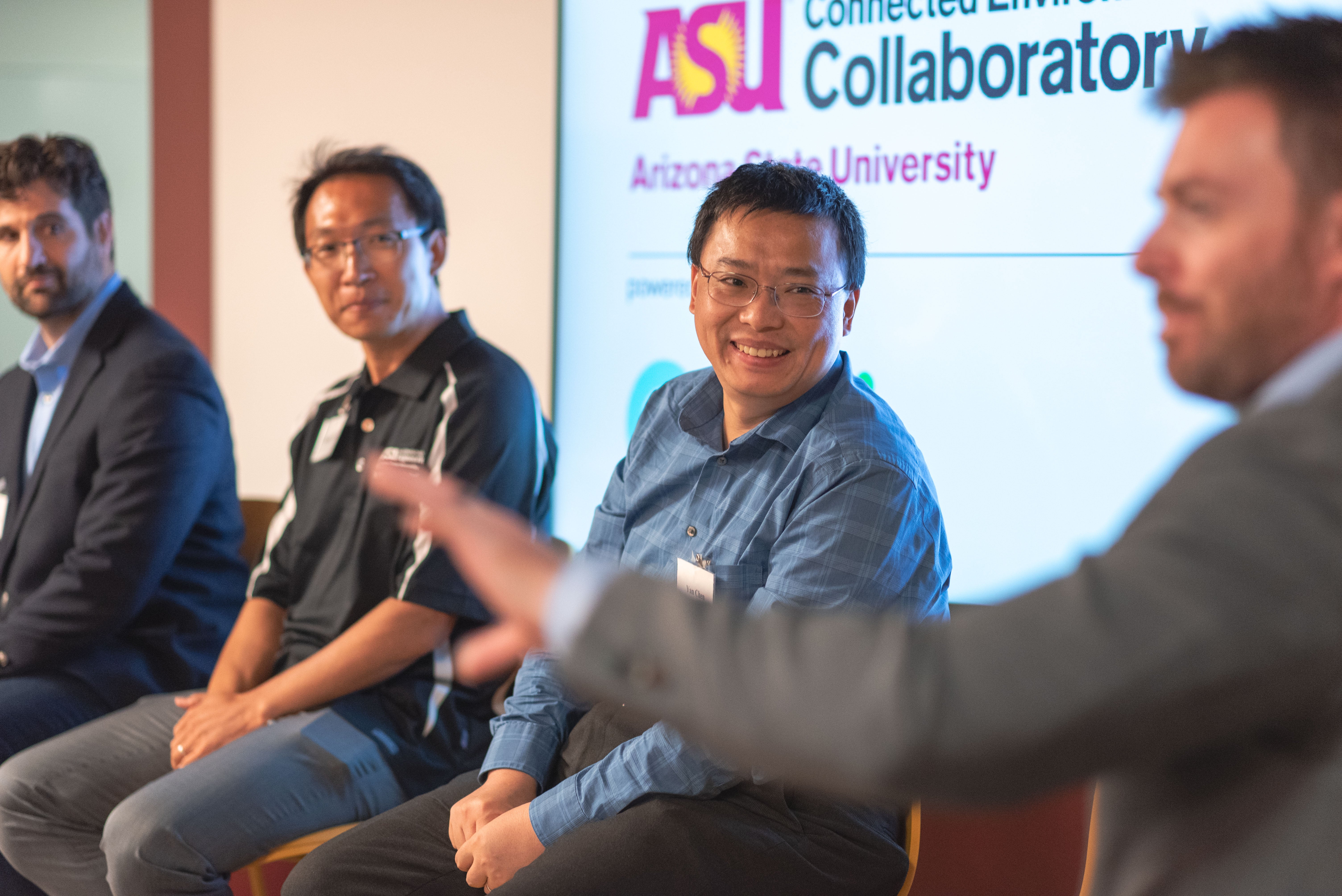 Dr Zhao and Dr Chen discussing with ASU Collaboratory