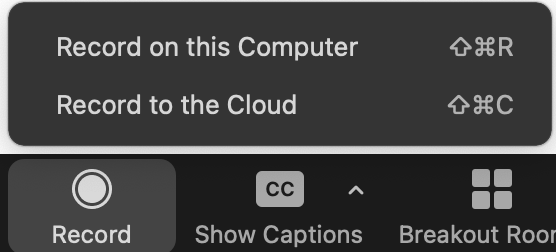 Zoom Record button with options to save the recording to the cloud or this computer