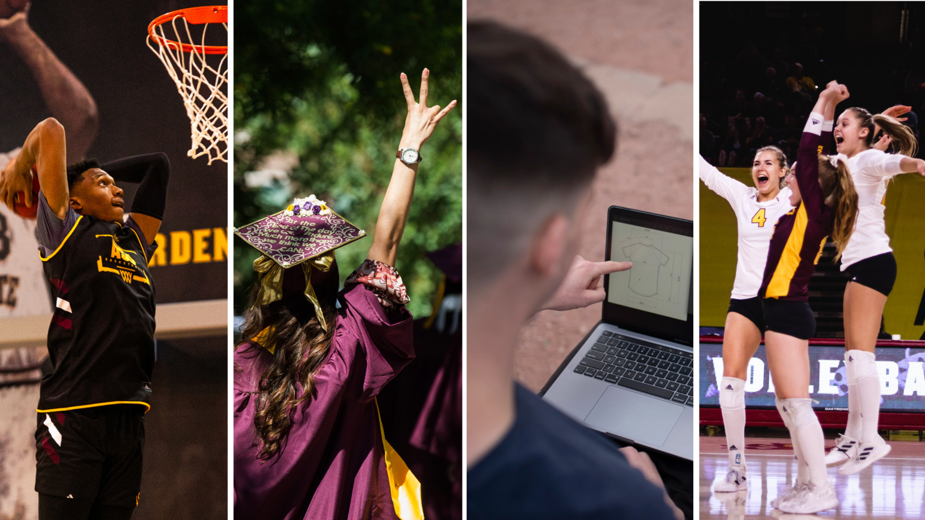 Student playing basketball, student graduating, student on computer, women's volleyball