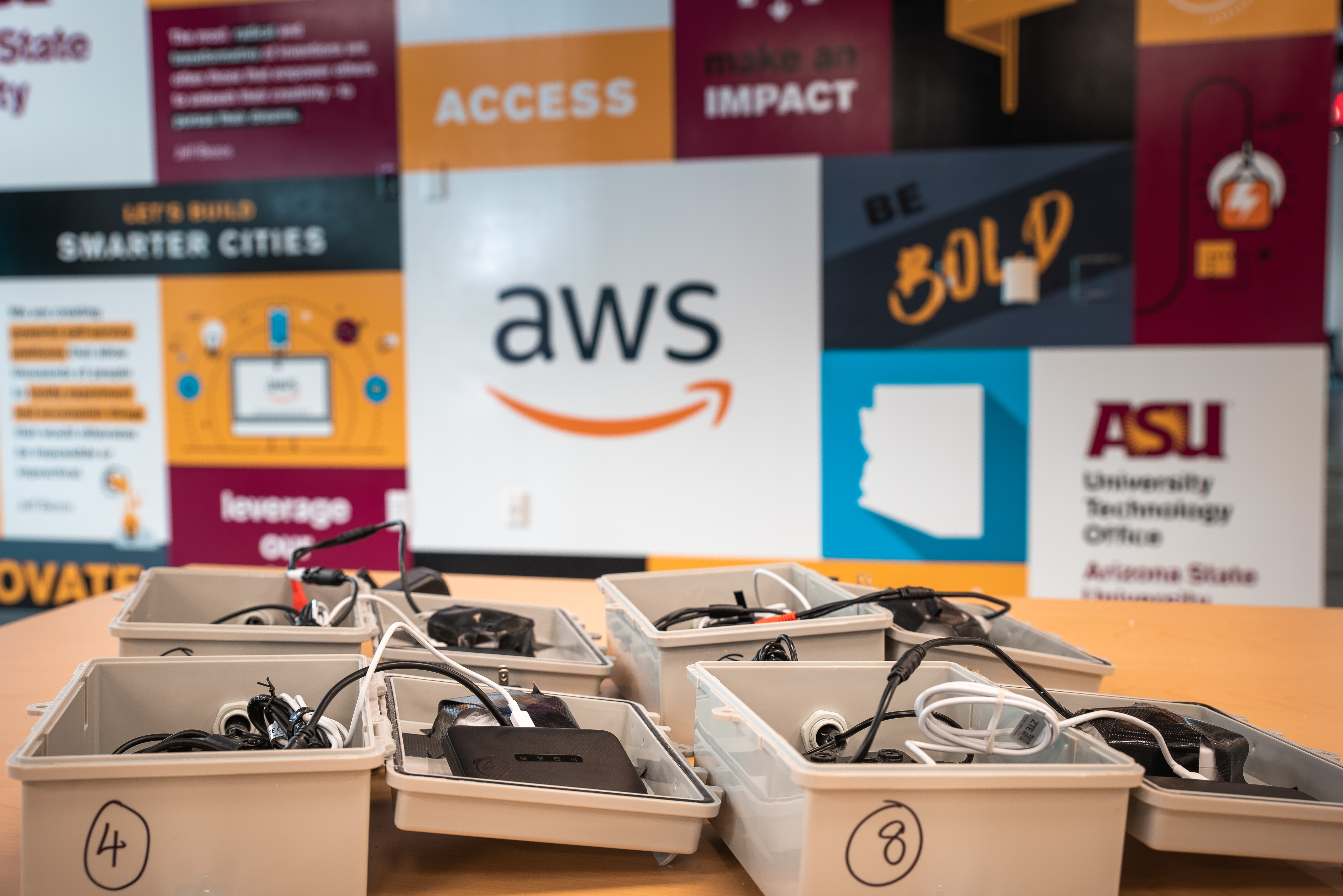 Four boxes of prototypes on table top with wall graphic in background.