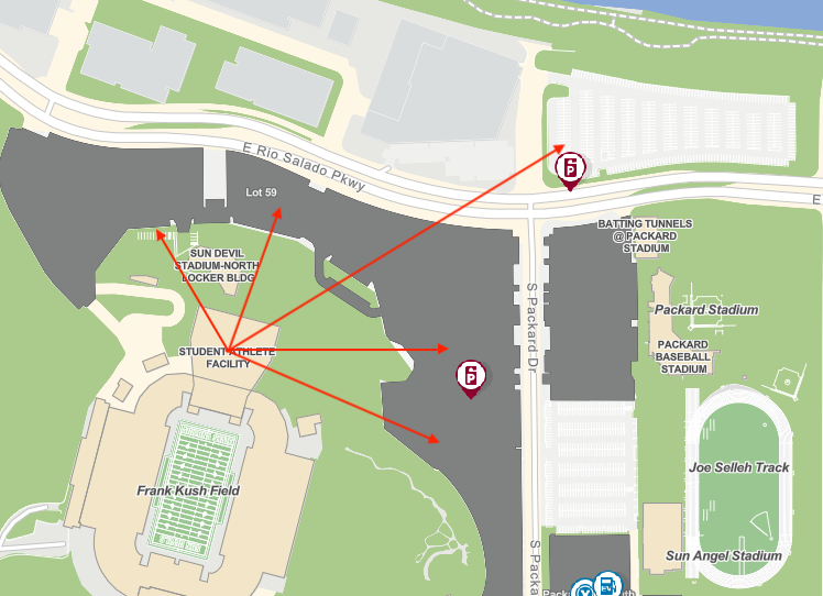 Stadium parking with arrows to Lot 59 and vacant lot