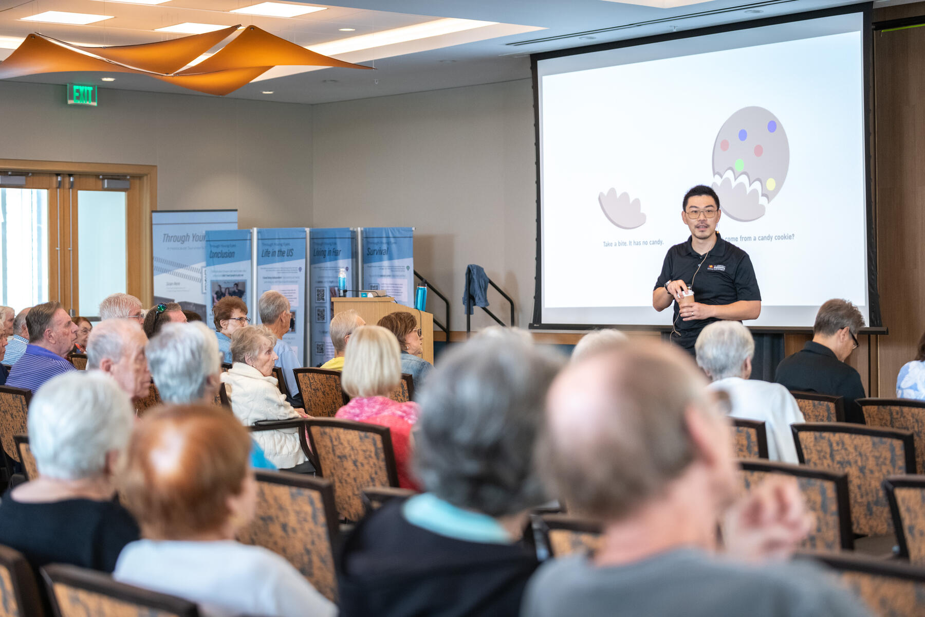 Yezhou “YZ” Yang teaches “AI and the Joy of Living” to approximately 100 senior citizens in the Lifelong Learning Auditorium at Mirabella at ASU